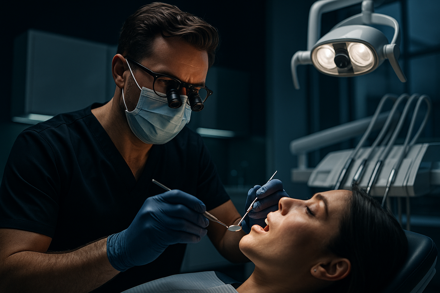 Dentista con paciente en consultorio moderno