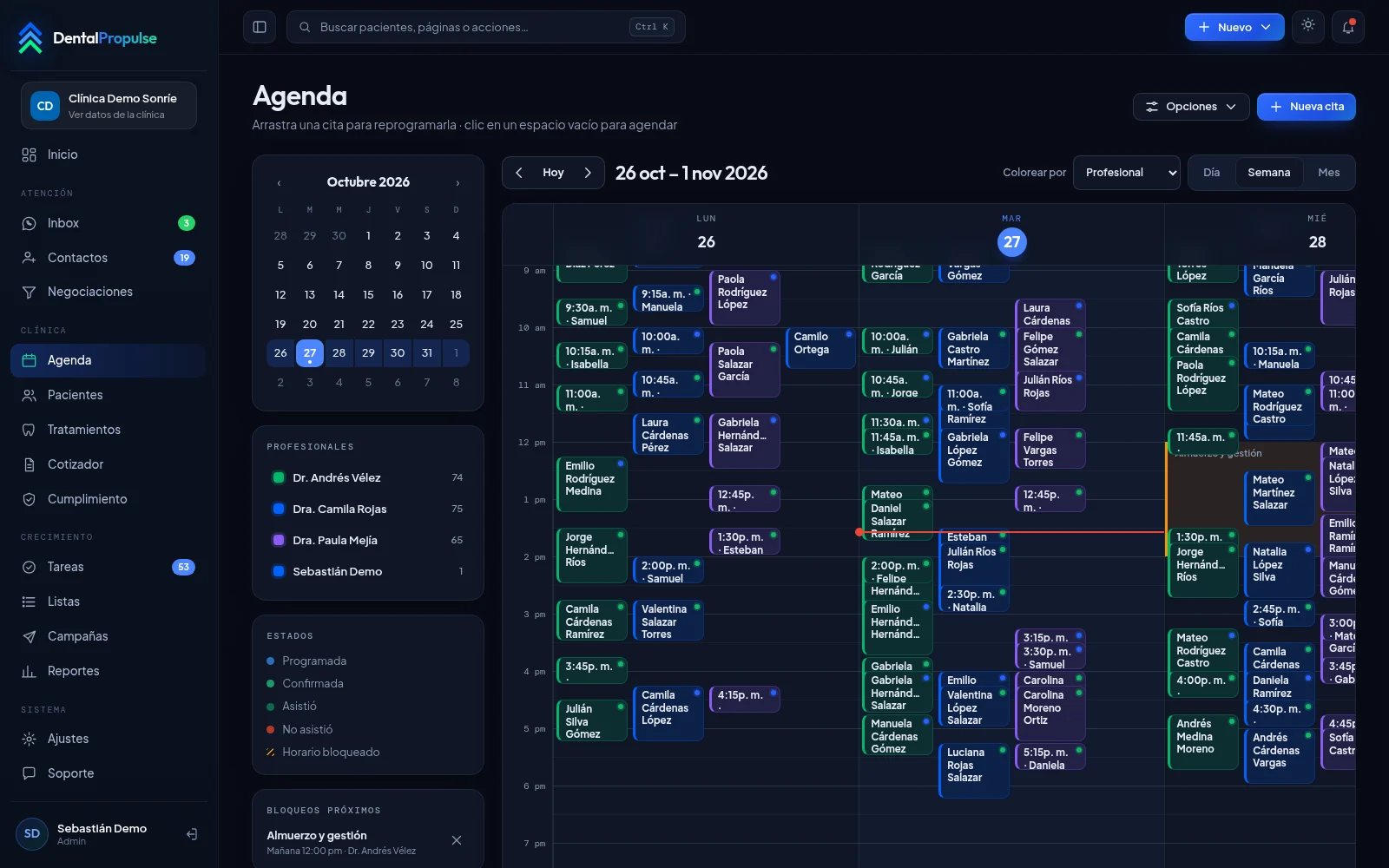 Agenda semanal de la clínica con citas por profesional