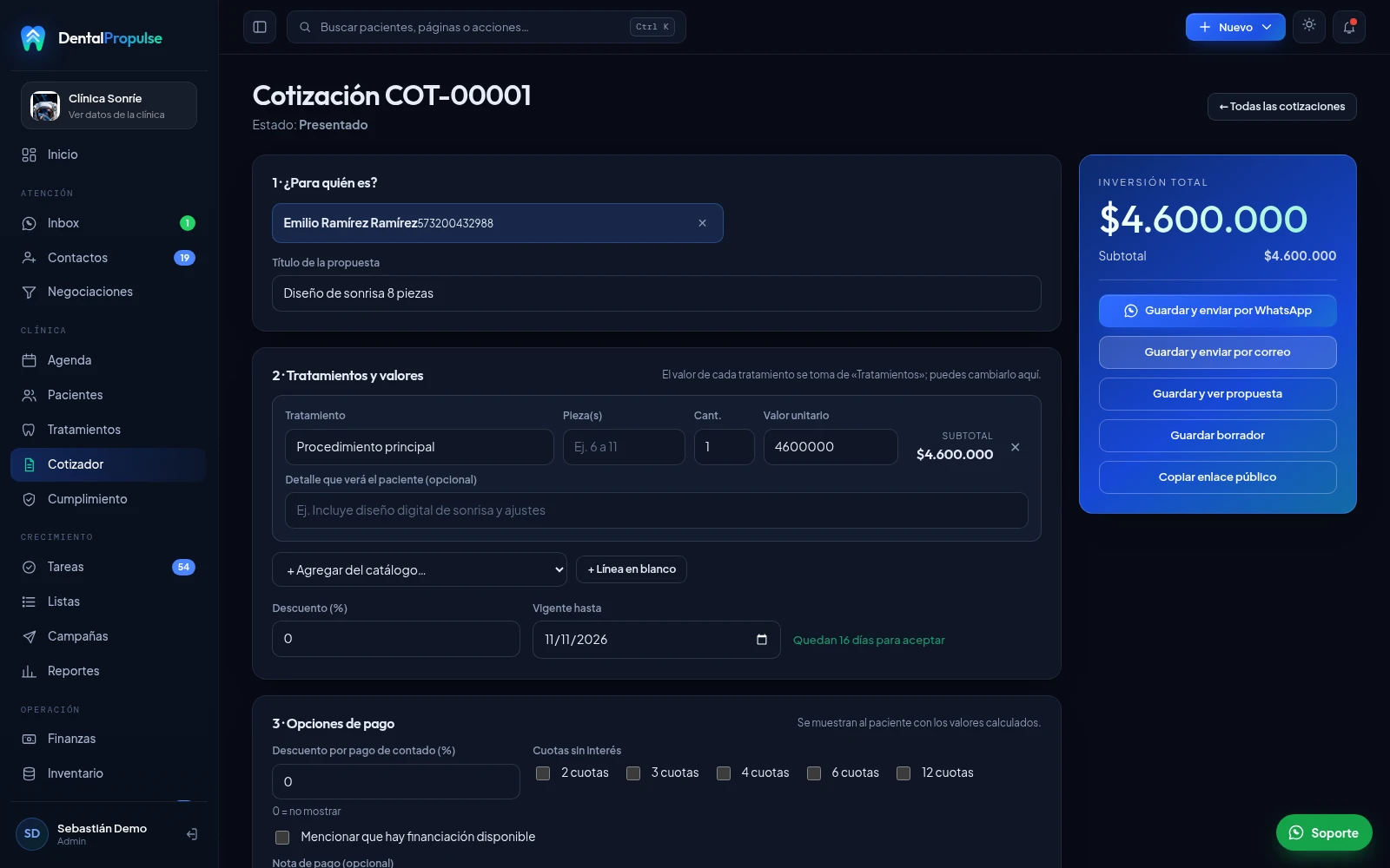 Constructor de cotizaciones de tratamiento