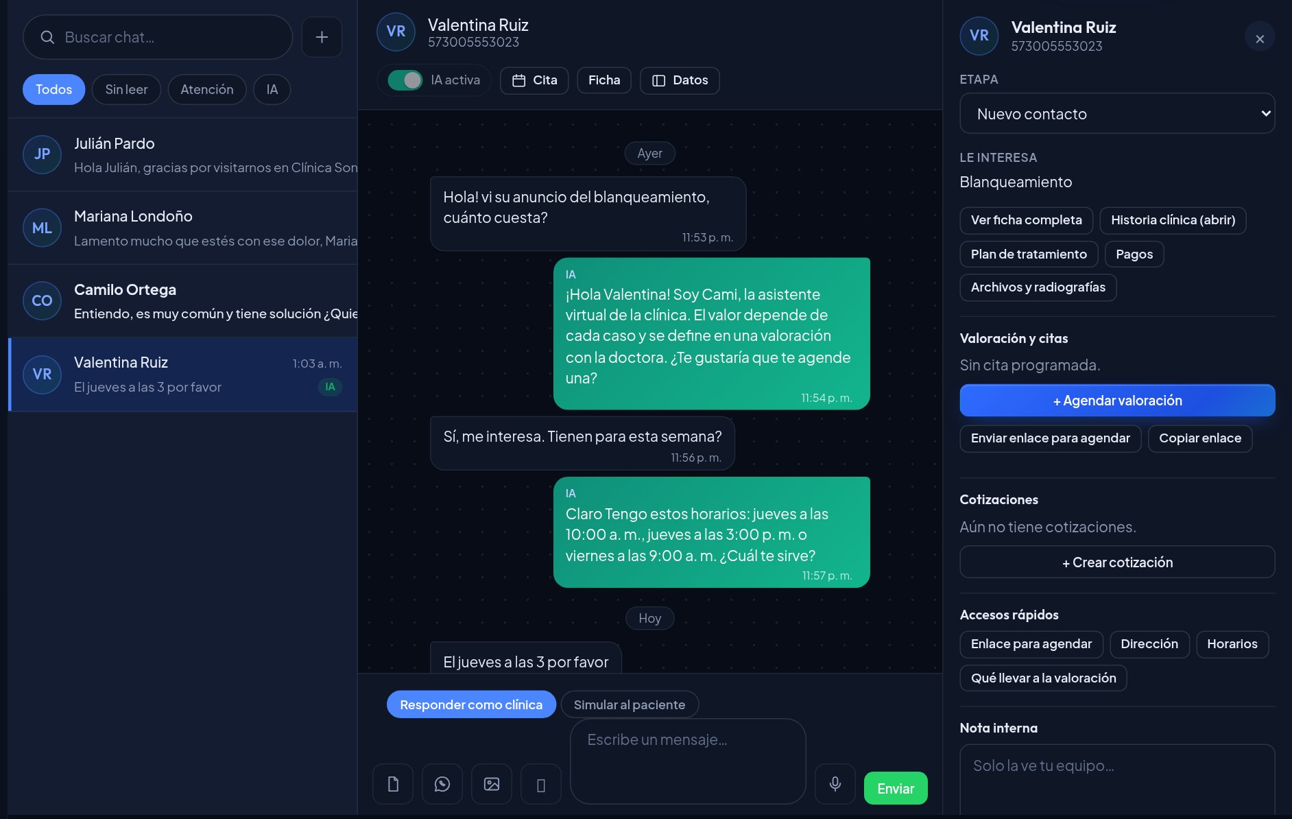 Bandeja de WhatsApp de Dental Propulse con el panel del paciente y la IA agendando