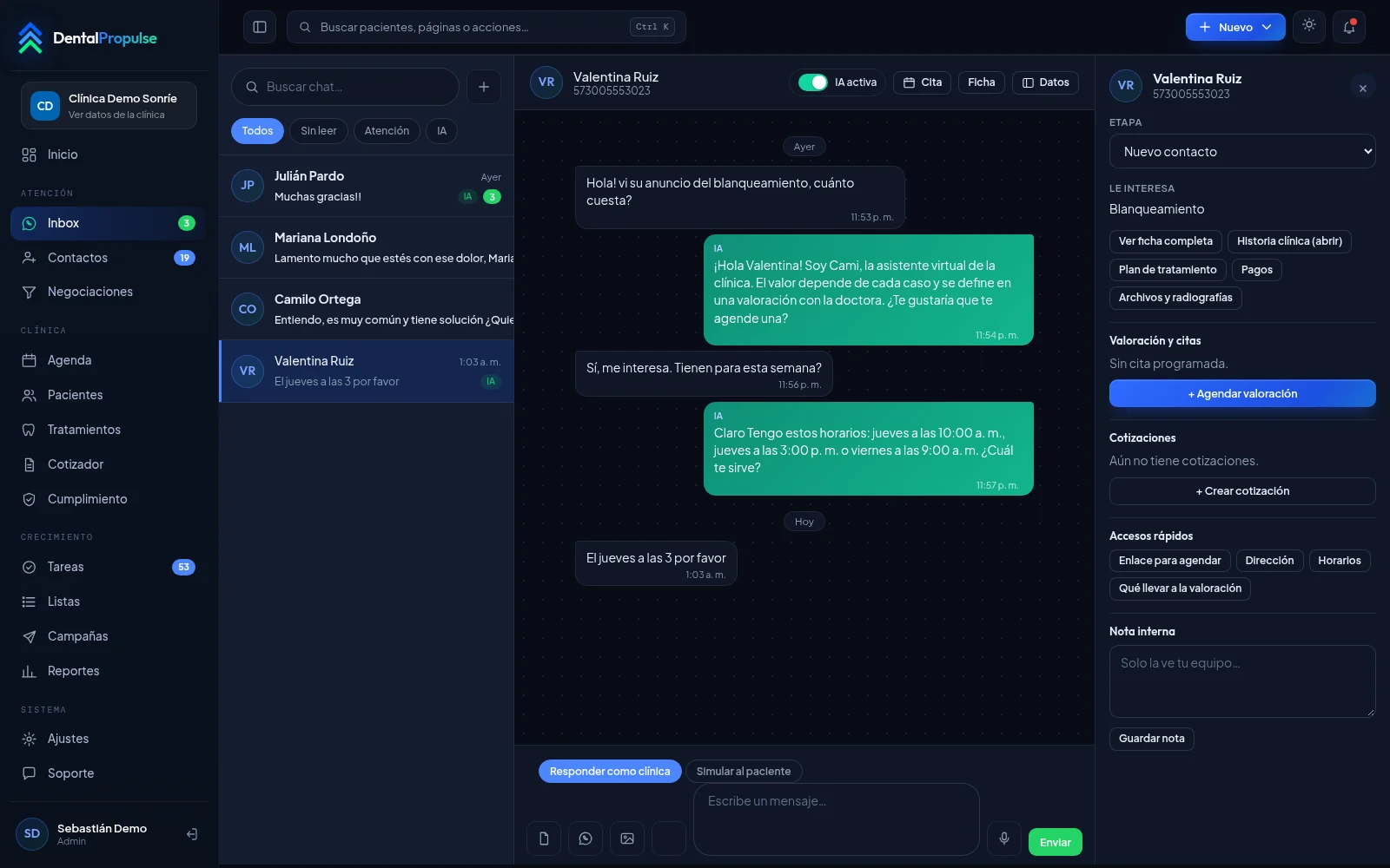 Inbox de WhatsApp con IA y panel del paciente